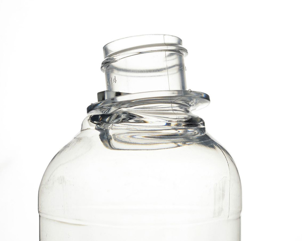Clear plastic bottle with a damaged choked neck