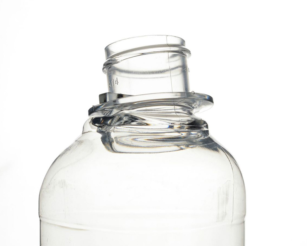 Clear plastic bottle with a damaged choked neck